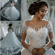 Customized Ball Gown Women Wedding Dresses Appliques Tulle Long Sleeves Bridal Gowns Formal Vestido De robe de mariéeNoiva