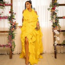 Yellow Ruffles Women Birthday Dresses Halter Beads Collar African Women Wedding Party Dress Sexy Girls Party Gowns