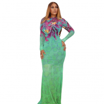 Damen-Kleid mit Rollkragen, langen Ärmeln und Hüften, langes Kleid