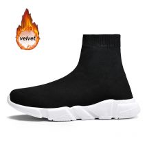 Hkdq Winter Samt High Top Sneakers Männer Frauen klassisches schwarzes Fell Herren Casual Sneakers Mode Strick Slip-On Damen Sportschuhe