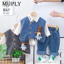Frühling Herbst Jungen Outfit 3-teiliges Set Hut inklusive Langarm 3D-gedruckte Hundeweste Modische Freizeitkleidung für Kinder