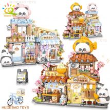 HUIQIBAO Stadt Mini Street View Panda Taiyaki Restaurant Modell Bausteine DIY Bär Kaffee Shop Dekorative Ziegel Spielzeug Erwachsene