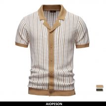 AIOPESON 2025, gestreiftes Mesh-Poloshirt für Herren – atmungsaktives Strickoberteil mit Kontrastplatte und Umlegekragen