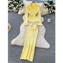 Vintage Elegant long sleeve Pockets split korean Fashion women clothing autumn dresses Two Piece Set