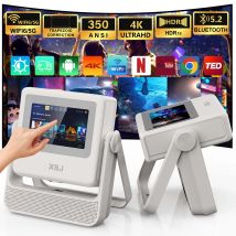 XBJ Smart Touch Screen Tragbarer Projektor, unterstützt 4K Wifi 6, Bluetooth, Autofokus, kompatibel mit Telefon/TVStick/PC/IndoorOutdoor