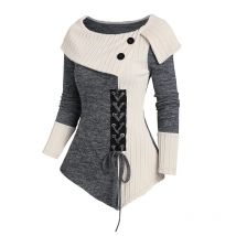 2024 Neue Damen-Oberteile mit langen Ärmeln, meliert, kontrastierend, mit Schnürung, Dekor, asymmetrisches Oberteil mit Umlegeknopf, Oberteil mit asymmetrischem Saum