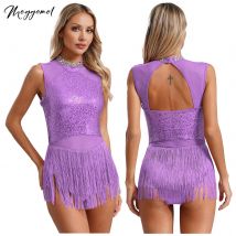 Womens Glittery Rhinestone Collar Fringed Leotard Mesh Patchwork Sequined Dance Dress Latin Tango Rumba Cha-Cha Samba Costume