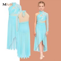 Mädchen Zarte 3D Blume Lyrical Dance Kleid Asymmetrische Geraffte Langes Kleid Gymnastik Modern Dance Kleidung Performance Kleid