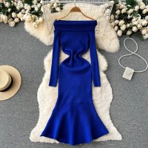 Yuoomuoo Frauen Kleid neue Herbst Winter Wickel Hüften stricken Meerjungfrau Kleid elegant von den Schultern Langarm Bodycon Party kleid
