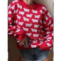 Schaf druck elegante Frauen Pullover warm gestrickt klassische O-Ausschnitt Pullover Tops 2024 Herbst Winter Langarm Streetwear Pullover