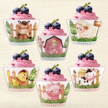 12Pcs Farmland Animal Cake Wrapper Carton Pig Cow Paper Cupcake Holder For Kids Farm Birthday Party Decoration DIY Cake Wrapping