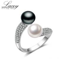 100% Echter Verstellbarer 925 Silber Doppel-Perlenring für Damen, Schwarz-Weiße Natürliche Süßwasserperlen-Ringe Schmuck Geburtstagsgeschenk