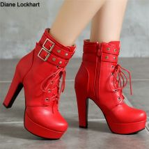 Frauen Stiefeletten Plattform Lace-Up High Heels Kurze Boot Weibliche Schnalle Herbst Winter Rot Gelb Weiß Sexy Schuhe Große größe 34-46