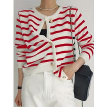 Schicke gestreifte Strickjacke Pullover weiche Langarm Rundhals ausschnitt Knopf vorne elegante Herbst mode Frauen gemütliche Kleidung für den Alltag