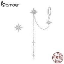 Bamoer Authentische asymmetrische Stern-Ohrringe aus 925er-Sterlingsilber, klare CZ-Ohrstecker für Frauen, Geburtstagsgeschenk, Schmuck BSE433