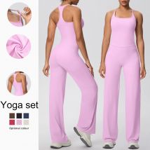 2Pieces/set Sports Fitness Clothing Yoga Set Woman Backless Shock-absorbing Running I-shaped Vest Thin Wide Leg Pants Yoga Set