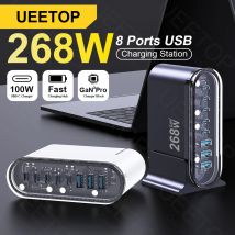 Caricatore GaN Ueetop 268W stazione di ricarica Desktop a 8 porte caricatore USB C a guscio trasparente ricarica rapida PD per MacBook Pro iPhone 15