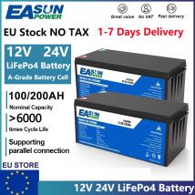 EASUN LiFePo4 Battery 12V 24V 100AH 200AH Lithium Iron Phosphate Batterie Built-in BMS Grade A 6000 Cycle Solar Camping EU STOCK