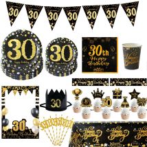 Partyzubehör zum 30. Geburtstag, Schwarzgold, Einweg-Pappteller, Tassenbanner, Luftballons mit Nummer 30, für Männer und Frauen, 30-Geburtstagsfeier