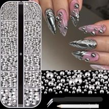 12 Siatek Błyszczące Srebrne Półokrągłe Metalowe Koraliki Kawiary Nitki Ozdobne do Paznokci 2/3/4/5/6/8mm Płaskie Perły Kulki Ozdoby do Paznokci Y2k Decora