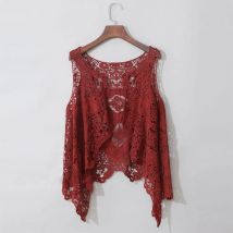 Damen-Strickjacke, ärmellos, vorne offen, Boho, aushöhlen, Häkelspitze, drapiert, asymmetrischer Saum, Hippie-Schal, einfarbige Weste