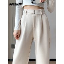 Seoulish Autunno Inverno Addensare Lana Casual Allentato Pantaloni a figura intera 2025 Nuovo bottone a vita alta Chic Pantaloni a gamba larga Donna