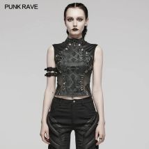 PUNK RAVE Damen Punk Schlangenmuster Druckstrick und Mesh Splice Tops Sexy ausgehöhlte T-Shirts Weste Sommer