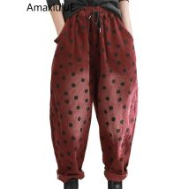 Amax luluE 2024 Winter Womens Korean Fashion Loose Dot Warm Corduroy Pants Ladies Thicken Leisure Vintage Classic Harem Trousers