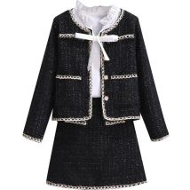 Autumn Winter Elegant Black Tweed 2 Piece Set Women Long Sleeve Woolen Jacket Short Coat Mini Skirts Suits Fashion Two Piece Set