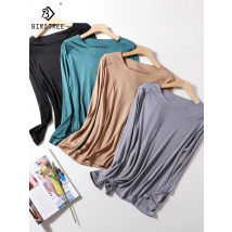 Birdtree Real Silk Knitted T-shirts Woman O-Neck Solid Casual Long Sleeve Basics Tees Autumn Winter Tops Undershirt P39360QM