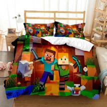 Mine Sandbox Games Craft Bettbezug, Cartoon-Bettwäsche-Sets, weiche Bettbezug-Kissenbezüge für Teenager, Kinder, Einzelbett/Doppelbett/Queen/King