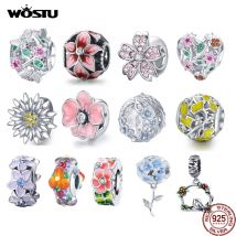 WOSTU Hot Sale Daisy Flower Series Charms 925 Sterling Silver Spacer Beads Dangle Charms Fit Original Bracelets DIY Jewelry