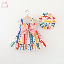 2 Teile/satz Bunte Baby Mädchen Geburtstag Party Prinzessin Abendkleid Polka Dot Bogen Knoten Kinder Kleidung 0 zu 3 Jahre kinder + Hut