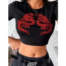 Damen Kurzarm-T-Shirt mit Drachenmuster, Sommermode, bauchfreies Top zum Einkaufen und für den täglichen Gebrauch