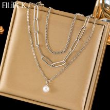 EILIECK 316L Stainless Steel Pearl Necklace For Women Fashion Silver Color Multilayer Neck Chain Waterproof Jewelry Holiday Gift