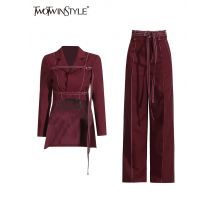 TWOTWINSTYLE Burgund Zwei Stück Set Für Frauen Kerb Kragen Langarm Top Hohe Taille Gerade Hose Temperament Sets Weibliche