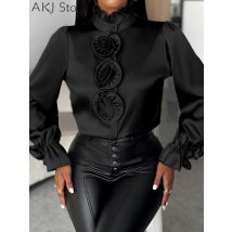 Frauen Bluse Rüschen Saum Puff Ärmel Top