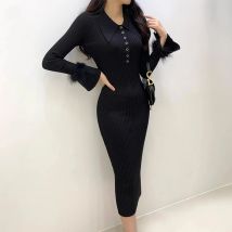 Yuoomuoo 2024 Neuankömmling Frauen gestrickt langes Kleid koreanische Mode Turn-Down-Kragen Pelz Ärmel Pullover Kleid Dame Party Vestidos