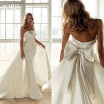 LORIE Bogen Meerjungfrau Brautkleider Solide Satin Trägerlosen Bänder Sweep Zug Brautkleider Vintage Customed Braut Kleid Braut Kleid