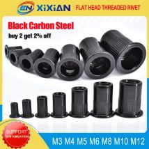 M3 M4 M5 M6 M8 M10 M12 Flat Rivet Nut Black Carbon Steel Flat Head Threaded Rivet Insert Nutsert Cap Rivets Nuts 1pcs-50pcs
