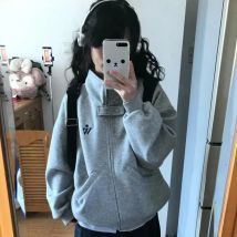 Streetwear Stickerei Frauen Sweatshirts Amerikanischen Vintage Harajuku Stehkragen Mantel Herbst Reine Baumwolle Zipper Hottie Lose Tops
