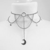 Goth Dainty Chain Crescent Moon and Stars Choker Witch Necklace Silver Color Pendant Punk Jewelry Women Gift Fashion Gothic New