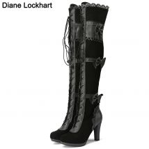 Steampunk viktorianische Damen-Stiefel mit hohem Absatz, hohe Oberschenkel-Piratenflaschen über dem Knie, Schleife, Lolita, Winter-Reitschuhe, Schnür-Cosplay-Stiefel