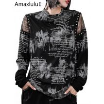 Amax luluE Fall Women Fashion Sexy Mesh Rivet Off Shoulder Printed T-shirts Ladies Luxury Loose Casual Vintage Tops Punk Clothes