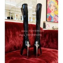 Black Metal Decor Suede Knee High Boots Women Leather Side Zipper Pointed Toe Stiletto Long Boots Sexy Fashion Party Ladies Shoe