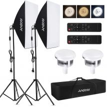 Andoer - Kit de Iluminación Softbox para Fotografía de Estudio con 2 Luces LED Bicolor de 85W 2800K-5700K + Softbox de 50x70cm