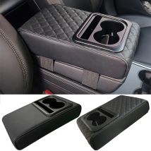 Auto-Armlehnenbox-Kissen, Auto-Armlehnenkissen für die Mittelkonsole mit 2 Getränkehaltern, PU-Leder-Armlehnenpolster, tragbares Auto-Namenauflage-Kissen