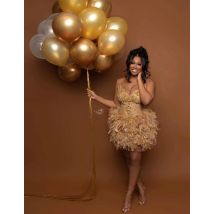 Gold Sparkly Rhinestone Cocktail Dresses Luxury Beaded Feather Short Prom Birthday Party Gown Special Occasions Customized