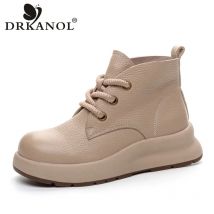 DRKANOL 2025 Frauen Chunky Plattform Stiefel Qualität Echtes Kuh Leder Dicken Boden Keile Komfort Winter Warme Stiefeletten Frauen