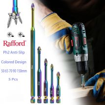 Rafford Schlagschrauber-Bit-Set (5 Stück) – S3-legierter Stahl, Ph2-Phillips, hochmagnetisch und rutschfest, farbig, Größe 50 65 70 90 150 mm